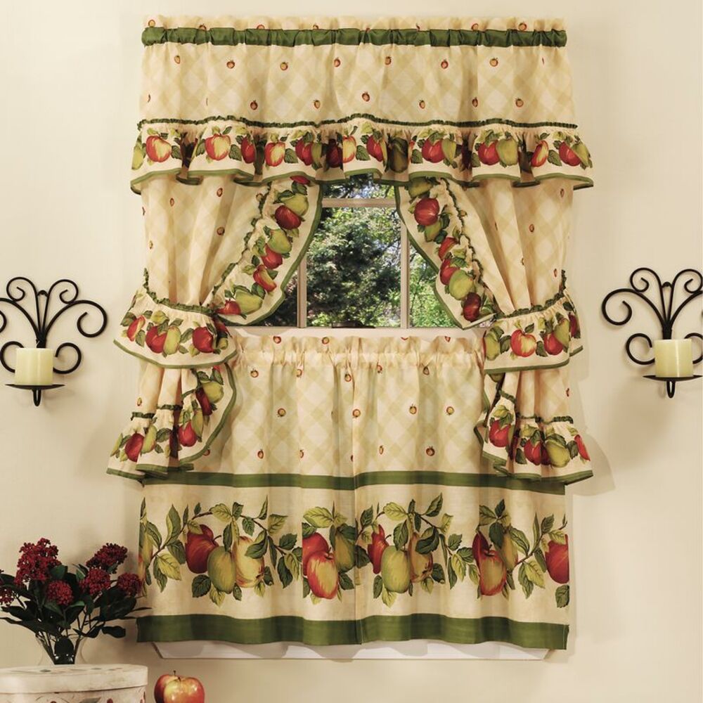 Apple Orchard Window Kitchen Curtains 5-Piece Printed Cottage Set - 57" (W) x